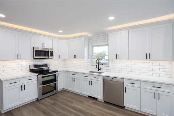 Interior, Kitchen, Recessed Lighting, Stainless Steel Appliances, Wood Texture Flooring