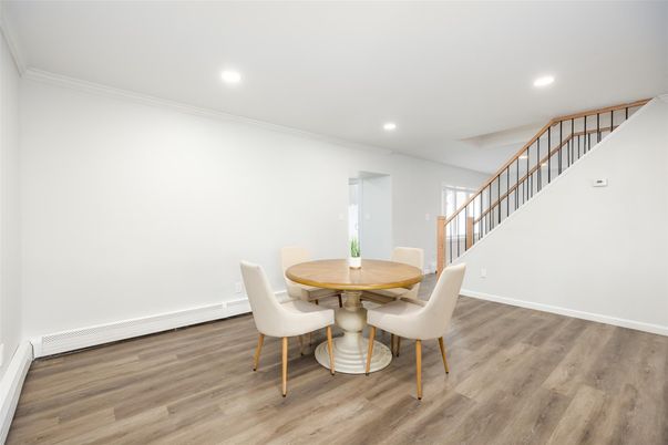 Dining room, Interior, Recessed Lighting, Wood Texture Flooring