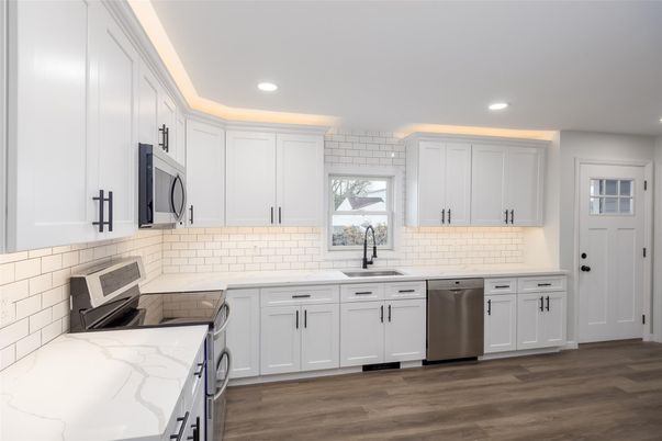 Interior, Kitchen, Recessed Lighting, Stainless Steel Appliances, Wood Texture Flooring