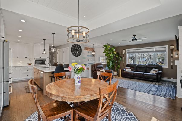 Chandelier, Dining room, Interior, Kitchen, Living room, Pendant Lights, Recessed Lighting, Wood Texture Flooring