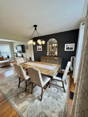 Dining room, Interior, Living room, Pendant Lights, Wood Texture Flooring