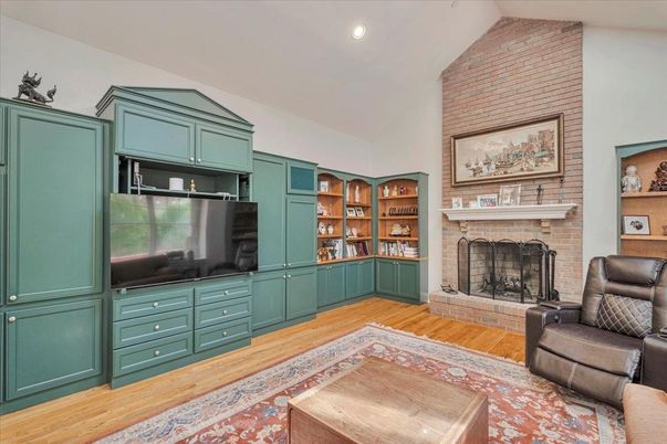 Fireplace, Interior, Recessed Lighting, Stone Walls, Wood Texture Flooring
