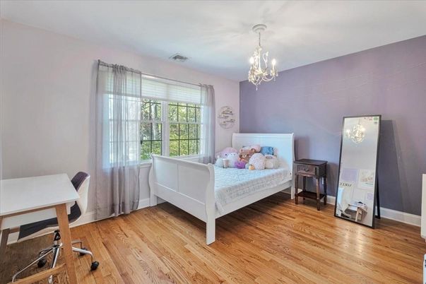 Bedroom, Chandelier, Home Office, Interior, Wood Texture Flooring