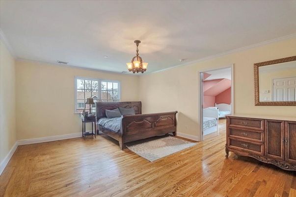Bedroom, Chandelier, Interior, Wood Texture Flooring