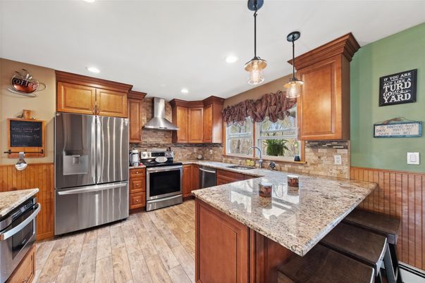 Interior, Kitchen, Pendant Lights, Recessed Lighting, Stainless Steel Appliances, Wood Texture Flooring