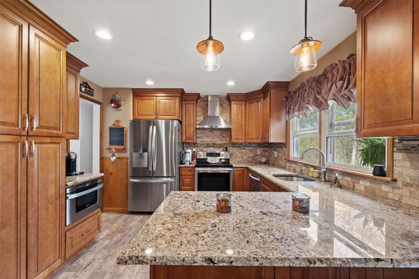 Interior, Kitchen, Pendant Lights, Recessed Lighting, Stainless Steel Appliances, Wood Texture Flooring
