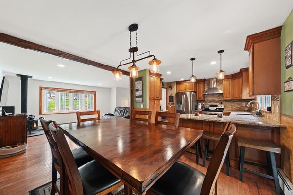 Dining room, Interior, Kitchen, Pendant Lights, Recessed Lighting, Stainless Steel Appliances, Wood Texture Flooring