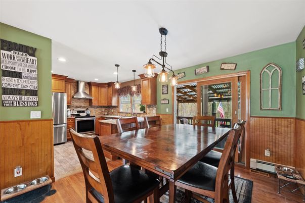 Dining room, Interior, Kitchen, Pendant Lights, Recessed Lighting, Stainless Steel Appliances, Wood Texture Flooring