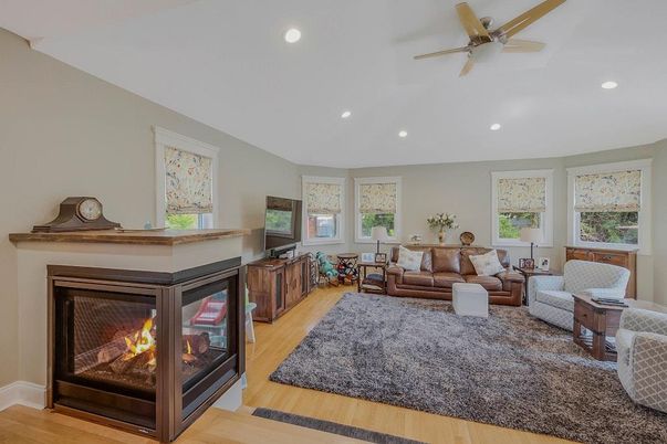 Fireplace, Interior, Living room, Recessed Lighting, Wood Texture Flooring