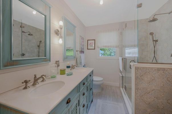 Bathroom, Dual Sink Vanities, Glass Shower, Interior, Wood Texture Flooring