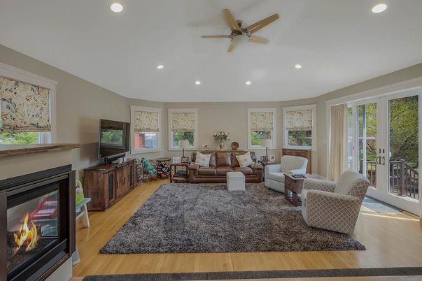 Fireplace, Interior, Living room, Recessed Lighting, Wood Texture Flooring