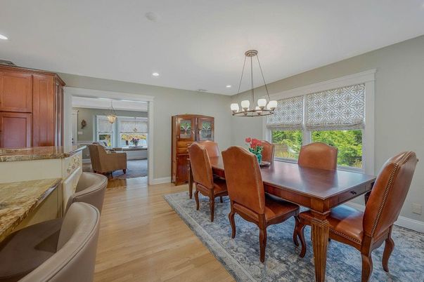 Chandelier, Dining room, Interior, Pendant Lights, Recessed Lighting, Wood Texture Flooring