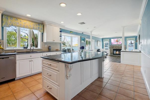 Fireplace, Interior, Kitchen, Recessed Lighting, Stainless Steel Appliances
