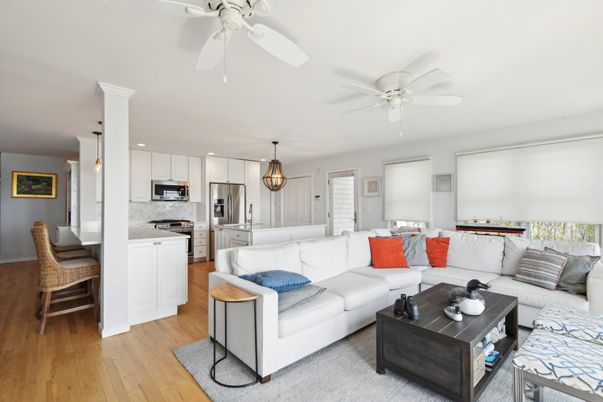 Dining room, Interior, Kitchen, Living room, Pendant Lights, Stainless Steel Appliances, Wood Texture Flooring