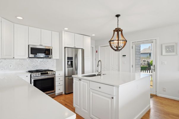 Interior, Kitchen, Pendant Lights, Recessed Lighting, Stainless Steel Appliances, Wood Texture Flooring