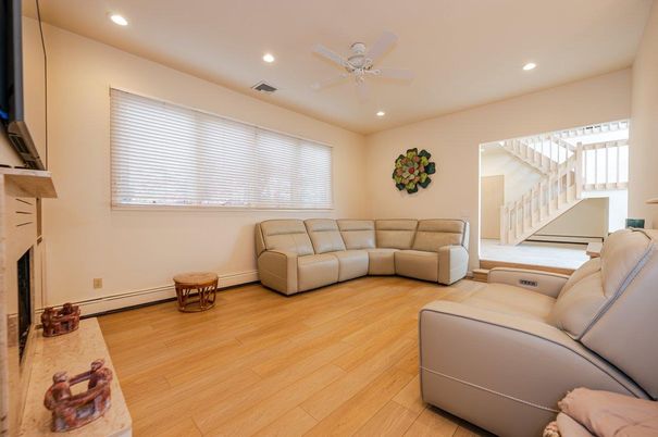 Fireplace, Interior, Living room, Recessed Lighting, Wood Texture Flooring