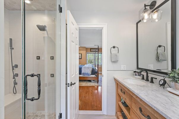 Bathroom, Bedroom, Glass Shower, Interior, Recessed Lighting, Wood Texture Flooring