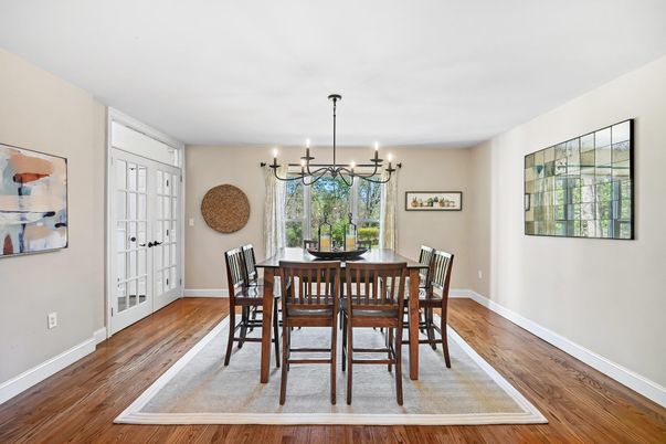 Chandelier, Dining room, Interior, Wood Texture Flooring