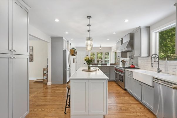 Chandelier, Interior, Kitchen, Pendant Lights, Recessed Lighting, Stainless Steel Appliances, Wood Texture Flooring