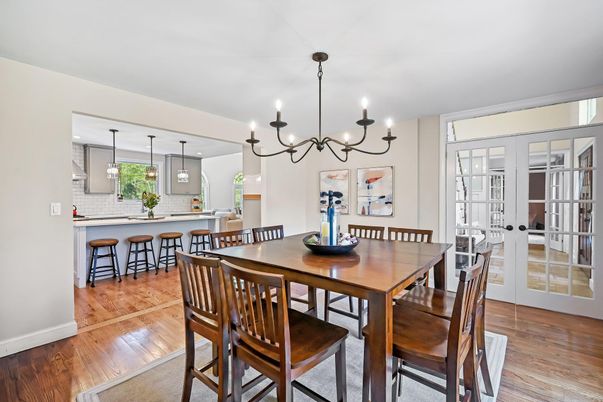 Chandelier, Dining room, Interior, Pendant Lights, Wood Texture Flooring