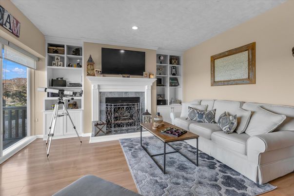 Fireplace, Interior, Living room, Recessed Lighting, Wood Texture Flooring