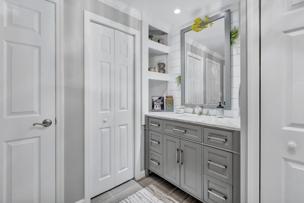 Bathroom, Interior, Recessed Lighting, Wood Texture Flooring