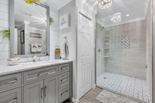 Bathroom, Glass Shower, Interior, Recessed Lighting, Wood Texture Flooring