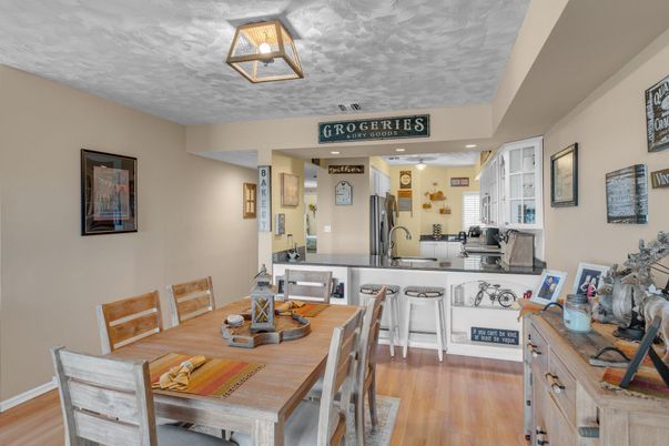 Dining room, Interior, Kitchen, Recessed Lighting, Wood Texture Flooring