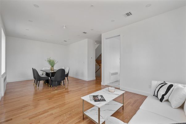 Dining room, Interior, Living room, Recessed Lighting, Wood Texture Flooring