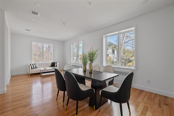 Dining room, Interior, Living room, Recessed Lighting, Wood Texture Flooring