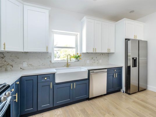 Interior, Kitchen, Marble Walls, Stainless Steel Appliances, Wood Texture Flooring