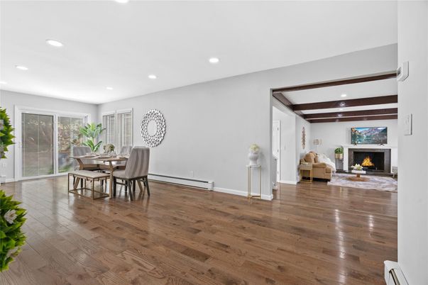 Dining room, Fireplace, Interior, Recessed Lighting, Wooden Beams, Wood Texture Flooring