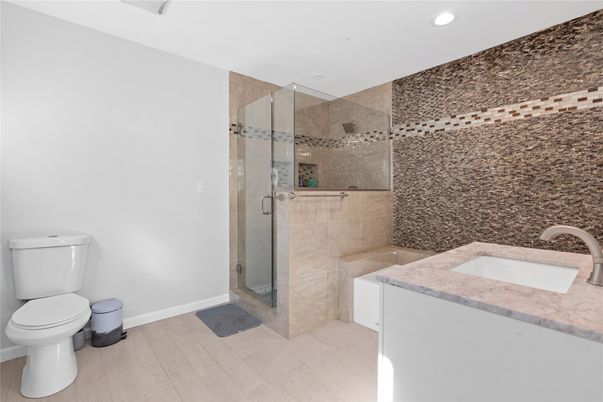 Bathroom, Glass Shower, Interior, Recessed Lighting, Wood Texture Flooring