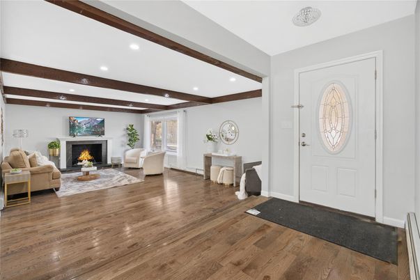 Fireplace, Interior, Living room, Recessed Lighting, Wooden Beams, Wood Texture Flooring