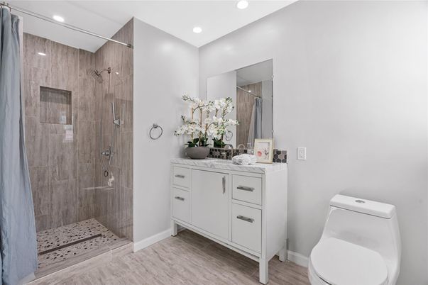 Bathroom, Glass Shower, Interior, Recessed Lighting, Wood Texture Flooring