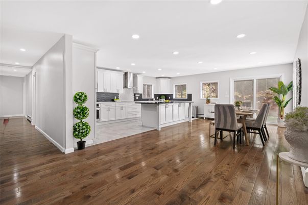Dining room, Interior, Kitchen, Recessed Lighting, Wood Texture Flooring