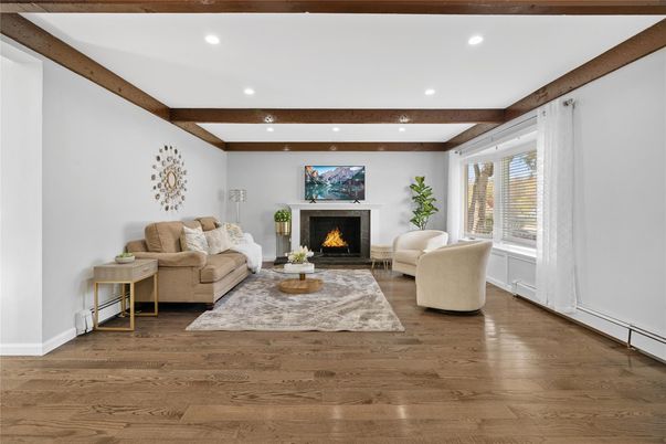 Fireplace, Interior, Living room, Recessed Lighting, Wooden Beams, Wood Texture Flooring