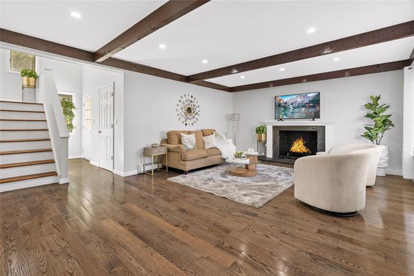 Fireplace, Interior, Living room, Recessed Lighting, Wooden Beams, Wood Texture Flooring