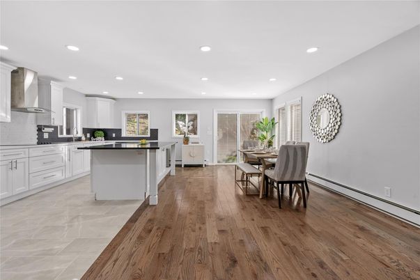 Dining room, Interior, Kitchen, Recessed Lighting, Stainless Steel Appliances, Wood Texture Flooring