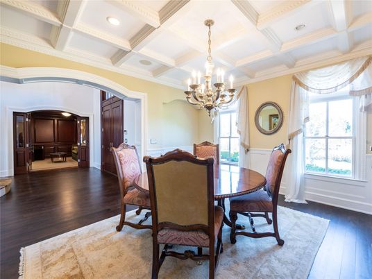 Chandelier, Dining room, Interior, Recessed Lighting, Wood Texture Flooring