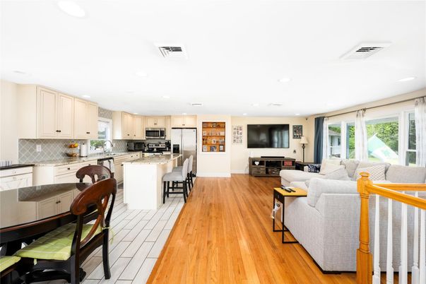 Interior, Kitchen, Living room, Recessed Lighting, Stainless Steel Appliances, Wood Texture Flooring