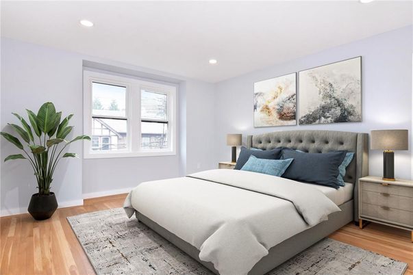Bedroom, Interior, Recessed Lighting, Wood Texture Flooring