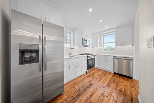 Interior, Kitchen, Recessed Lighting, Stainless Steel Appliances, Wood Texture Flooring