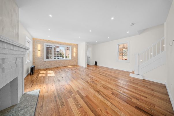 Empty room, Fireplace, Interior, Recessed Lighting, Wood Texture Flooring