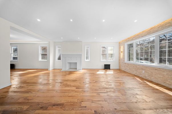 Empty room, Fireplace, Interior, Recessed Lighting, Wood Texture Flooring