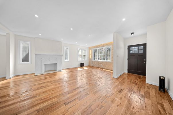 Empty room, Fireplace, Interior, Recessed Lighting, Wood Texture Flooring