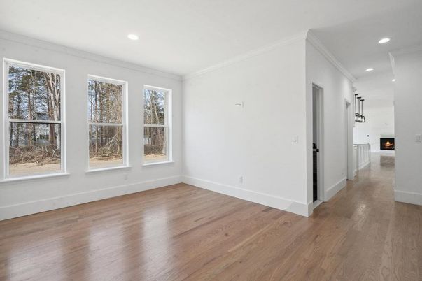 Empty room, Fireplace, Interior, Pendant Lights, Recessed Lighting, Wood Texture Flooring