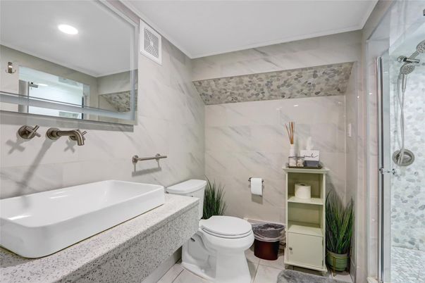 Bathroom, Glass Shower, Interior, Marble, Marble Walls, Recessed Lighting