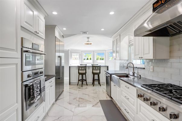 Interior, Kitchen, Marble, Recessed Lighting, Stainless Steel Appliances