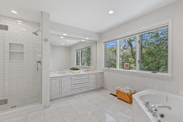 Bathroom, Dual Sink Vanities, Glass Shower, Interior, Recessed Lighting